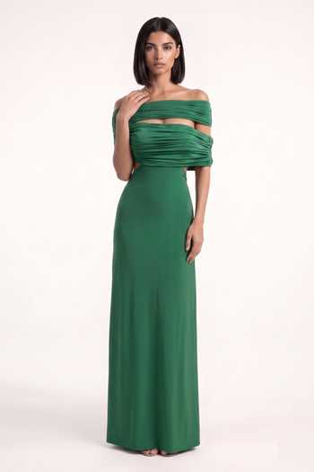 Shop Pinup By Astha Emerald Green Lycra Off-shoulder Off Gown Online at Aza Fashions Shop_Pinup By Astha_Emerald Green Lycra Off-shoulder Off Gown _Online_at_Aza_Fashions