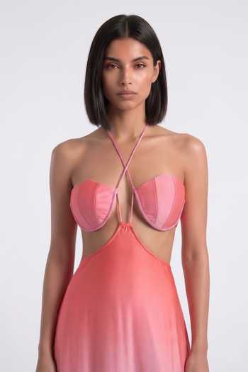 Pinup By Astha Pink Georgette, Satin Sweetheart , Halter Ombre Sculpted Gown Online at Aza Fashions Pinup By Astha_Pink Georgette, Satin Sweetheart , Halter Ombre Sculpted Gown _Online_at_Aza_Fashions