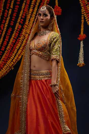 Buy_Preeti S Kapoor_Orange , Organza Sweetheart Neck Sequin Embroidered Lehenga Set _Online_at_Aza_Fashions