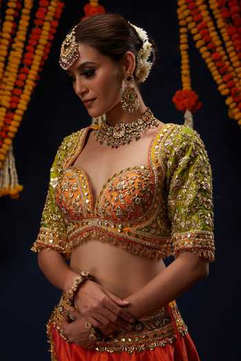Preeti S Kapoor_Orange , Organza Sweetheart Neck Sequin Embroidered Lehenga Set _at_Aza_Fashions