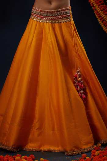 Preeti S Kapoor_Yellow , Organza Sweetheart Neck Embroidered Blouse Lehenga Set _Online_at_Aza_Fashions