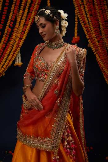 Buy_Preeti S Kapoor_Yellow , Organza Sweetheart Neck Embroidered Blouse Lehenga Set _Online_at_Aza_Fashions