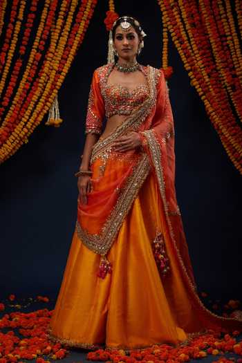 Shop_Preeti S Kapoor_Yellow , Organza Sweetheart Neck Embroidered Blouse Lehenga Set _Online_at_Aza_Fashions