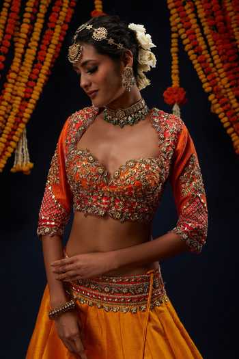 Preeti S Kapoor_Yellow , Organza Sweetheart Neck Embroidered Blouse Lehenga Set _at_Aza_Fashions