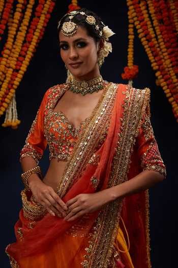 Buy_Preeti S Kapoor_Yellow , Organza Sweetheart Neck Embroidered Blouse Lehenga Set 