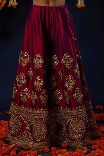 Preeti S Kapoor_Wine , , Notched Neck, Yes Embroidered Kurta Sharara Set _Online_at_Aza_Fashions