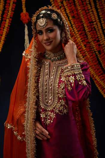 Buy_Preeti S Kapoor_Wine , , Notched Neck, Yes Embroidered Kurta Sharara Set _Online_at_Aza_Fashions