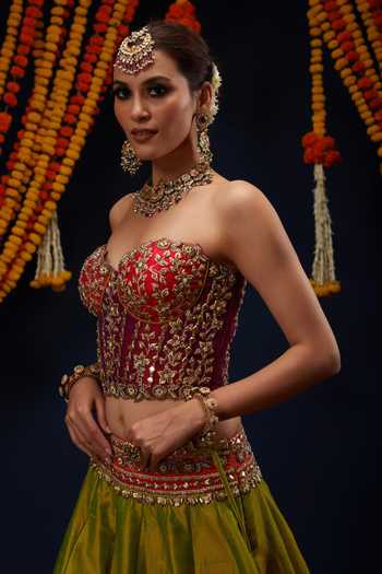 Preeti S Kapoor_Green , , Gota Embroidered Bustier Lehenga Set _Online_at_Aza_Fashions