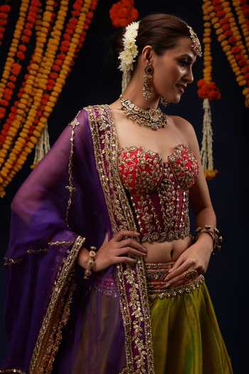 Shop_Preeti S Kapoor_Green , , Gota Embroidered Bustier Lehenga Set _Online_at_Aza_Fashions
