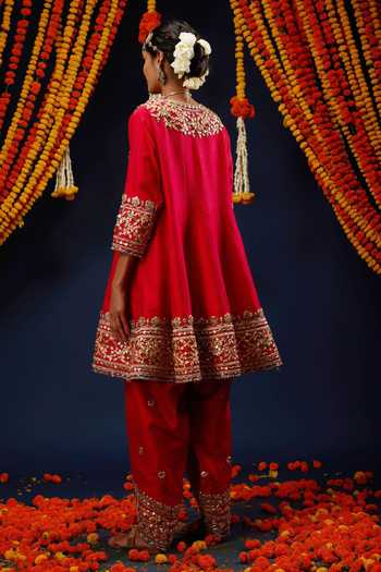 Shop_Preeti S Kapoor_Red , Organza Round Neck Sequin Embroidered Anarkali Set _Online_at_Aza_Fashions