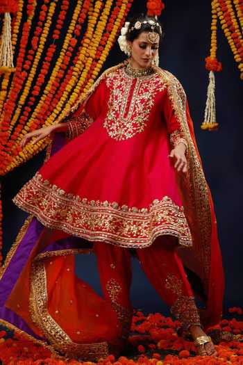 Preeti S Kapoor_Red , Organza Round Neck Sequin Embroidered Anarkali Set _at_Aza_Fashions