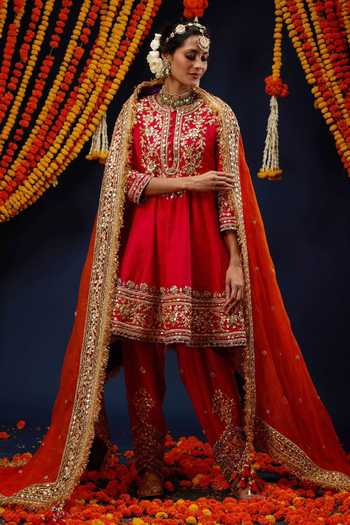 Shop_Preeti S Kapoor_Red , Organza Round Neck Sequin Embroidered Anarkali Set 