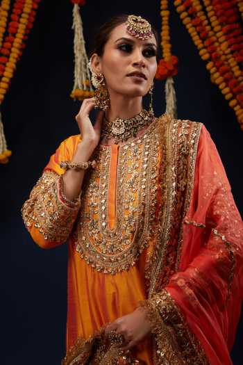 Shop_Preeti S Kapoor_Orange , , Round Neck Bead Embroidered Anarkali Set _Online_at_Aza_Fashions