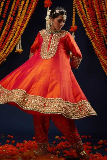Buy_Preeti S Kapoor_Orange , Organza Round Neck Gota Work Anarkali Salwar Set _Online_at_Aza_Fashions