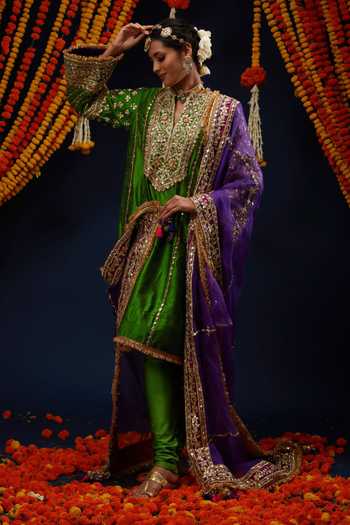 Buy_Preeti S Kapoor_Green , Organza V-neck Embroidered Kurta Set _Online_at_Aza_Fashions