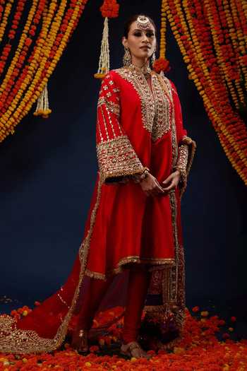 Buy_Preeti S Kapoor_Red , Organza V-neck, Yes Embroidered Short Kurta Set _Online_at_Aza_Fashions