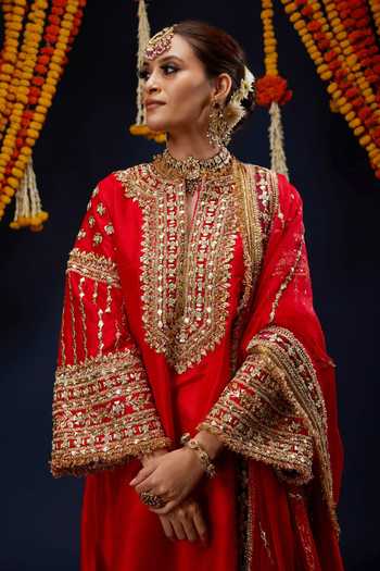 Shop_Preeti S Kapoor_Red , Organza V-neck, Yes Embroidered Short Kurta Set _Online_at_Aza_Fashions