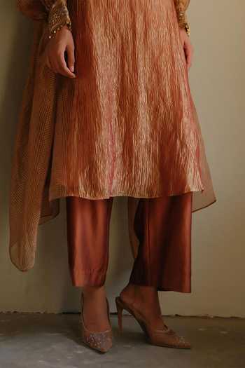 Buy_Alam By Tulsi Patel_Maroon Silk, Cotton, Tissue Round Naina Placement Embroidered Kurta And Pant Set _Online_at_Aza_Fashions