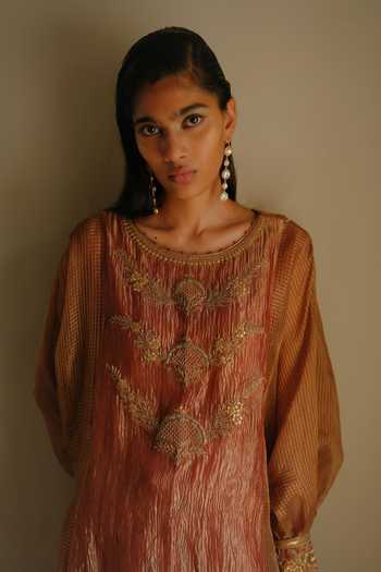 Shop_Alam By Tulsi Patel_Maroon Silk, Cotton, Tissue Round Naina Placement Embroidered Kurta And Pant Set _Online_at_Aza_Fashions