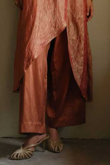 Alam By Tulsi Patel_Maroon Silk, Cotton, Tissue Kadambari Collar Embroidered Kurta And Pant Set _Online_at_Aza_Fashions