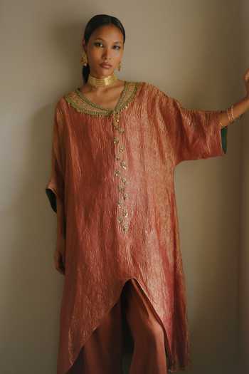 Buy_Alam By Tulsi Patel_Maroon Silk, Cotton, Tissue Kadambari Collar Embroidered Kurta And Pant Set _Online_at_Aza_Fashions