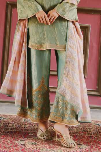 Buy_Alam By Tulsi Patel_Blue Tissue Round Neck, Yes Kesari Embroidered Kurta Set _Online_at_Aza_Fashions