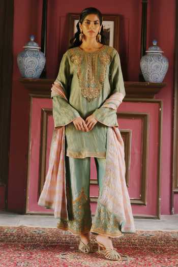 Shop_Alam By Tulsi Patel_Blue Tissue Round Neck, Yes Kesari Embroidered Kurta Set _Online_at_Aza_Fashions