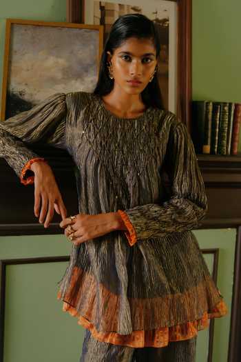 Buy Alam By Tulsi Patel Blue Tissue Round Neck Keshavi Smocked Kurta And Pant Set Online at Aza Fashions Buy_Alam By Tulsi Patel_Blue Tissue Round Neck Keshavi Smocked Kurta And Pant Set _Online_at_Aza_Fashions