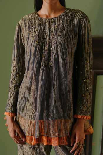 Shop Alam By Tulsi Patel Blue Tissue Round Neck Keshavi Smocked Kurta And Pant Set Online at Aza Fashions Shop_Alam By Tulsi Patel_Blue Tissue Round Neck Keshavi Smocked Kurta And Pant Set _Online_at_Aza_Fashions