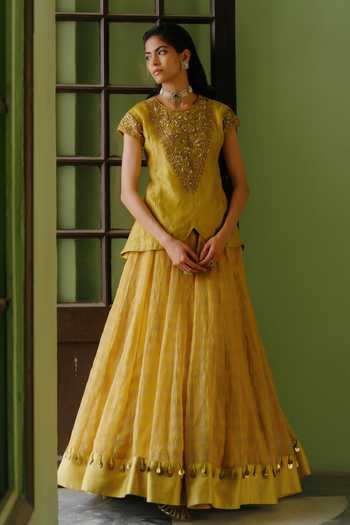 Alam By Tulsi Patel Yellow Tissue Round Neck Nalini Zardozi Embroidered Top And Lehenga Set Online at Aza Fashions Alam By Tulsi Patel_Yellow Tissue Round Neck Nalini Zardozi Embroidered Top And Lehenga Set _Online_at_Aza_Fashions