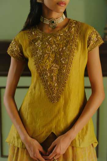 Buy Alam By Tulsi Patel Yellow Tissue Round Neck Nalini Zardozi Embroidered Top And Lehenga Set Online at Aza Fashions Buy_Alam By Tulsi Patel_Yellow Tissue Round Neck Nalini Zardozi Embroidered Top And Lehenga Set _Online_at_Aza_Fashions