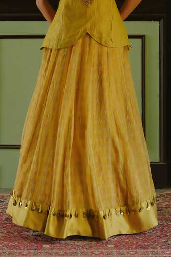 Shop Alam By Tulsi Patel Yellow Tissue Round Neck Nalini Zardozi Embroidered Top And Lehenga Set Online at Aza Fashions Shop_Alam By Tulsi Patel_Yellow Tissue Round Neck Nalini Zardozi Embroidered Top And Lehenga Set _Online_at_Aza_Fashions