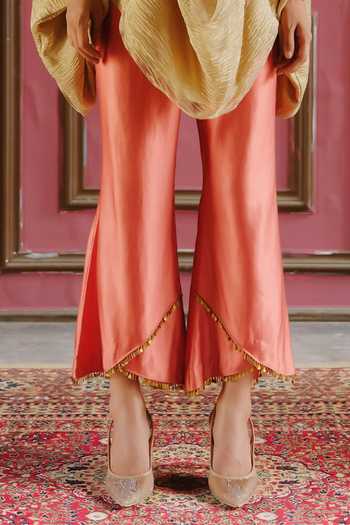 Alam By Tulsi Patel_Beige Silk, Tissue Cowl Neck Kashi Draped Top And Pant Set _Online_at_Aza_Fashions