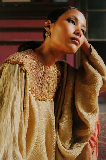 Buy_Alam By Tulsi Patel_Beige Silk, Tissue Cowl Neck Kashi Draped Top And Pant Set _Online_at_Aza_Fashions