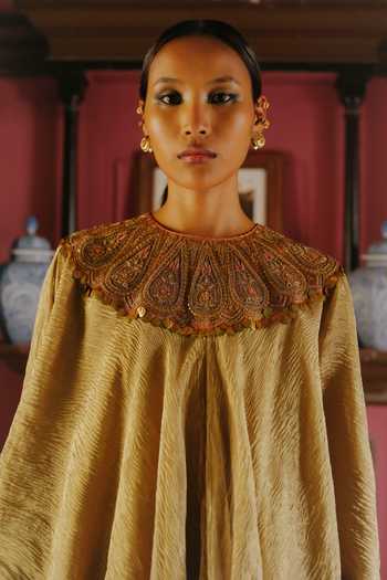 Shop_Alam By Tulsi Patel_Beige Silk, Tissue Cowl Neck Kashi Draped Top And Pant Set _Online_at_Aza_Fashions