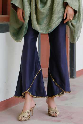 Alam By Tulsi Patel_Blue Silk, Tissue High Neck Kashi Placement Embroidered Top And Pant Set _Online_at_Aza_Fashions