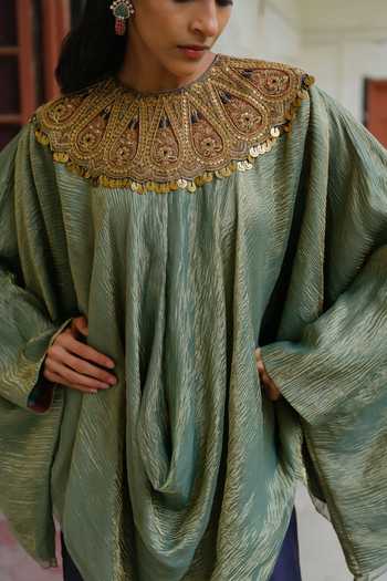 Buy_Alam By Tulsi Patel_Blue Silk, Tissue High Neck Kashi Placement Embroidered Top And Pant Set _Online_at_Aza_Fashions