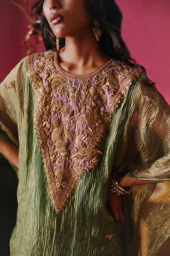 Alam By Tulsi Patel_Green Silk, Tissue Round Neck Rakhi Yoke Embroidered Kaftan And Pant Set _Online_at_Aza_Fashions