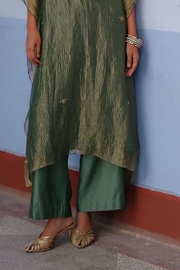 Buy_Alam By Tulsi Patel_Green Silk, Tissue Round Neck Rakhi Yoke Embroidered Kaftan And Pant Set _Online_at_Aza_Fashions