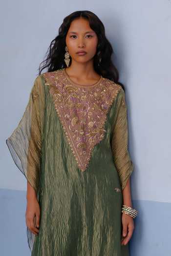 Shop_Alam By Tulsi Patel_Green Silk, Tissue Round Neck Rakhi Yoke Embroidered Kaftan And Pant Set _Online_at_Aza_Fashions
