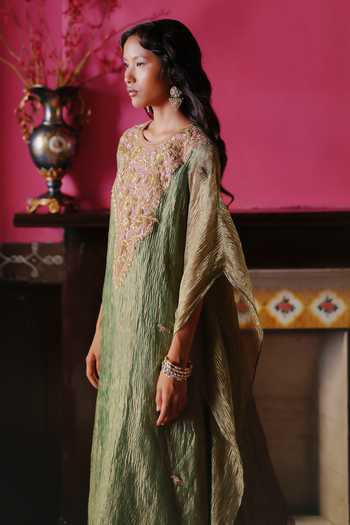Alam By Tulsi Patel_Green Silk, Tissue Round Neck Rakhi Yoke Embroidered Kaftan And Pant Set _at_Aza_Fashions