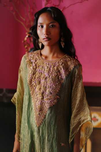 Buy_Alam By Tulsi Patel_Green Silk, Tissue Round Neck Rakhi Yoke Embroidered Kaftan And Pant Set 