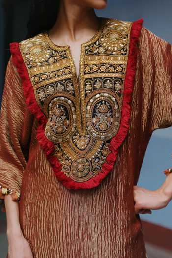 Buy Alam By Tulsi Patel Maroon Silk, Tissue V-neck Megha Zardozi Embroidered Kurta With Dhoti Pant Online at Aza Fashions Buy_Alam By Tulsi Patel_Maroon Silk, Tissue V-neck Megha Zardozi Embroidered Kurta With Dhoti Pant _Online_at_Aza_Fashions