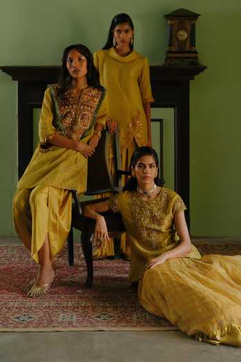 Buy Alam By Tulsi Patel Yellow Silk, Tissue V-neck Megha Yoke Embroidered Kurta And Dhoti Pant Set Online at Aza Fashions Buy_Alam By Tulsi Patel_Yellow Silk, Tissue V-neck Megha Yoke Embroidered Kurta And Dhoti Pant Set _Online_at_Aza_Fashions