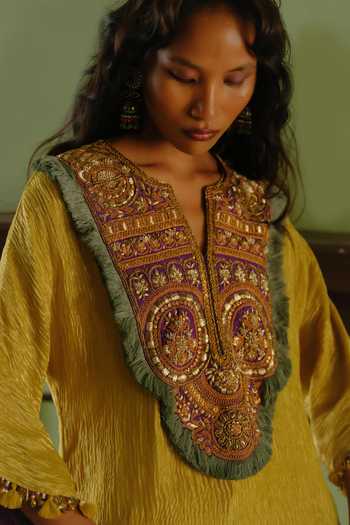 Shop Alam By Tulsi Patel Yellow Silk, Tissue V-neck Megha Yoke Embroidered Kurta And Dhoti Pant Set Online at Aza Fashions Shop_Alam By Tulsi Patel_Yellow Silk, Tissue V-neck Megha Yoke Embroidered Kurta And Dhoti Pant Set _Online_at_Aza_Fashions