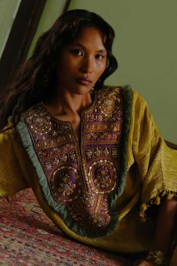 Alam By Tulsi Patel Yellow Silk, Tissue V-neck Megha Yoke Embroidered Kurta And Dhoti Pant Set at Aza Fashions Alam By Tulsi Patel_Yellow Silk, Tissue V-neck Megha Yoke Embroidered Kurta And Dhoti Pant Set _at_Aza_Fashions