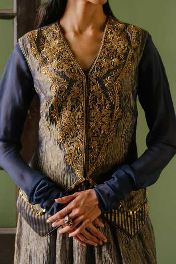 Alam By Tulsi Patel Gold Silk, Tissue V-neck Crushed And Jacket & Anarkali Set Online at Aza Fashions Alam By Tulsi Patel_Gold Silk, Tissue V-neck Crushed And Jacket & Anarkali Set _Online_at_Aza_Fashions