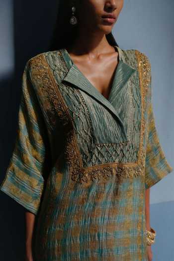 Buy_Alam By Tulsi Patel_Green Silk, Tissue V-neck, Yes Vaani Smocked Yoke Kurta And Pant Set _Online_at_Aza_Fashions