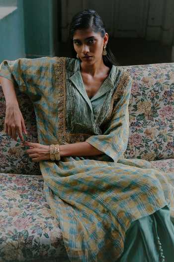 Shop_Alam By Tulsi Patel_Green Silk, Tissue V-neck, Yes Vaani Smocked Yoke Kurta And Pant Set _Online_at_Aza_Fashions