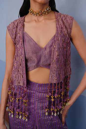 Shop Alam By Tulsi Patel Purple Tissue V-neck Rutu Embroidered Jacket Pant Set Online at Aza Fashions Shop_Alam By Tulsi Patel_Purple Tissue V-neck Rutu Embroidered Jacket Pant Set _Online_at_Aza_Fashions
